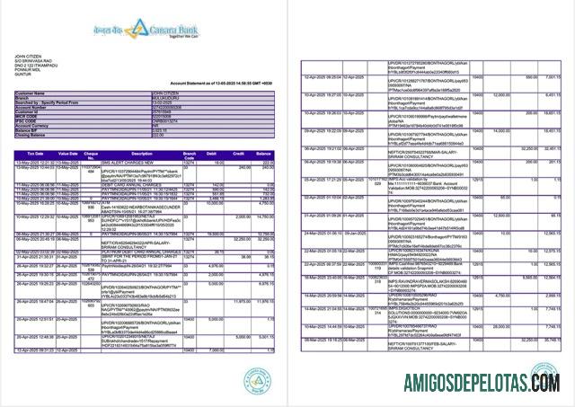 Extrato de conta bancária realista da Índia Canara, modelo Word e PDF, 2 páginas